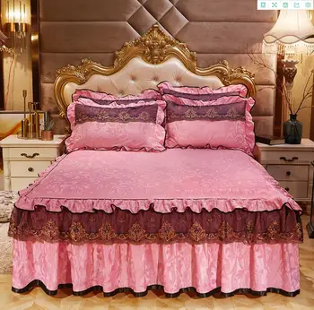 

Pink Princess Lace Bedspread Bed Skirt Pillowcase 1/3pcs Velvet Thick Girls Bedclothes Bed Sheet Wedding Bedding Home Decoration