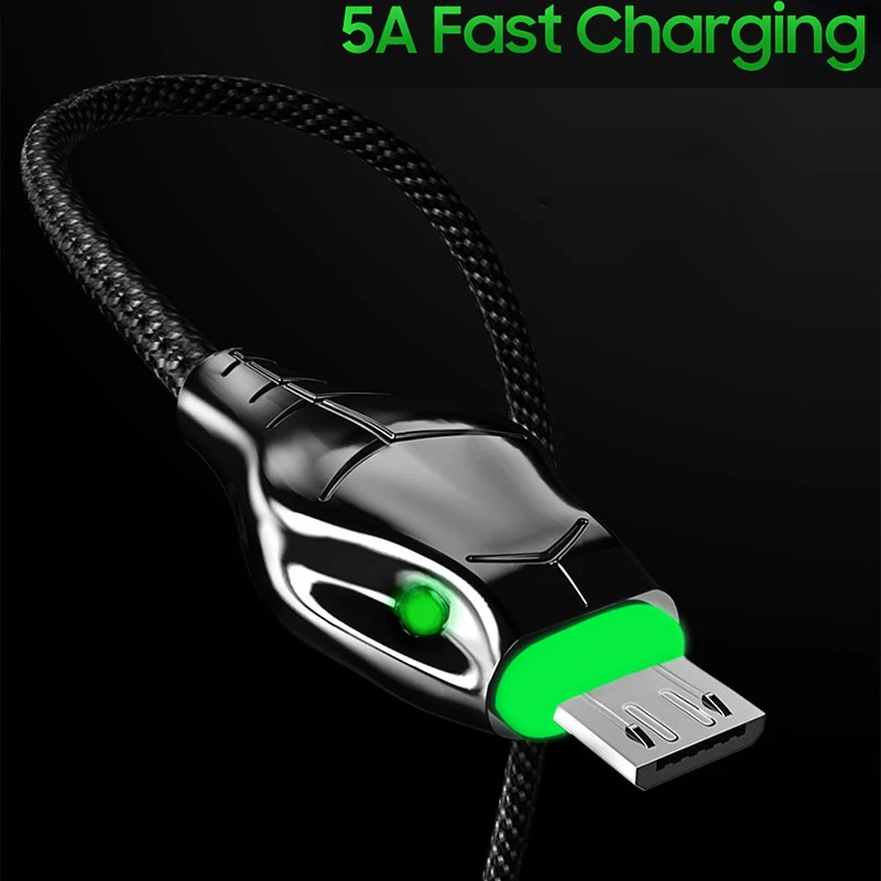 Зарядный кабель со светодиодной подсветкой Micro USB 5 А для Samsung Xiaomi mi10 Huawei Android