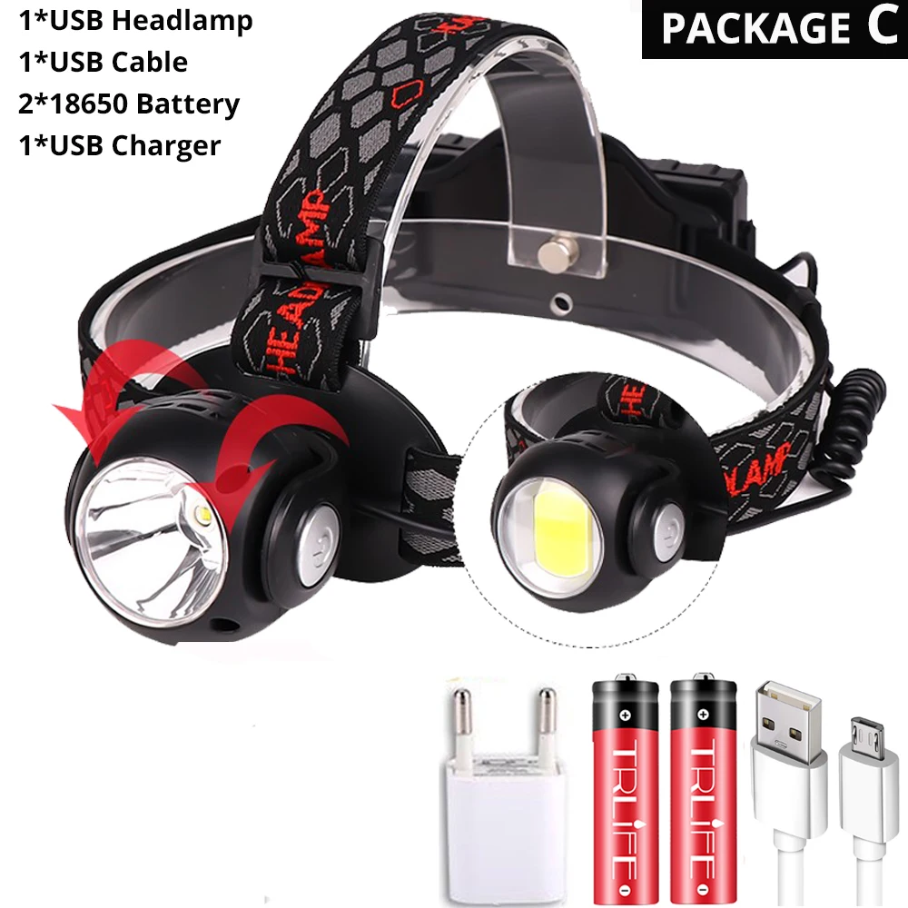 USB головная лампа COB+ T6 светодиодный фонарь 7 Режимы налобного фонаря фонарь Многофункциональный вращающийся красный белый водонепроницаемый фонарик 2*18650 - Испускаемый цвет: Package C