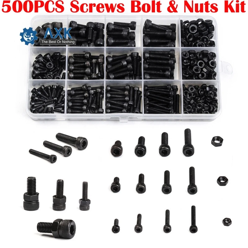 

500 Pcs Cup Head Screw Nut Kit Industrial Rustproof Hardware Universal M3 M4 M5 Hex Socket Carbon Steel Black Home Assortment