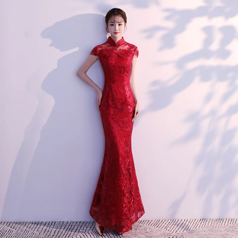 Chinese Dress Female Evening Dress Lace Mermaid Chinese Style Lady Cheongsam Long Tight Elegant Big Size 3XL Vintage Red Bride Wedding Qipao