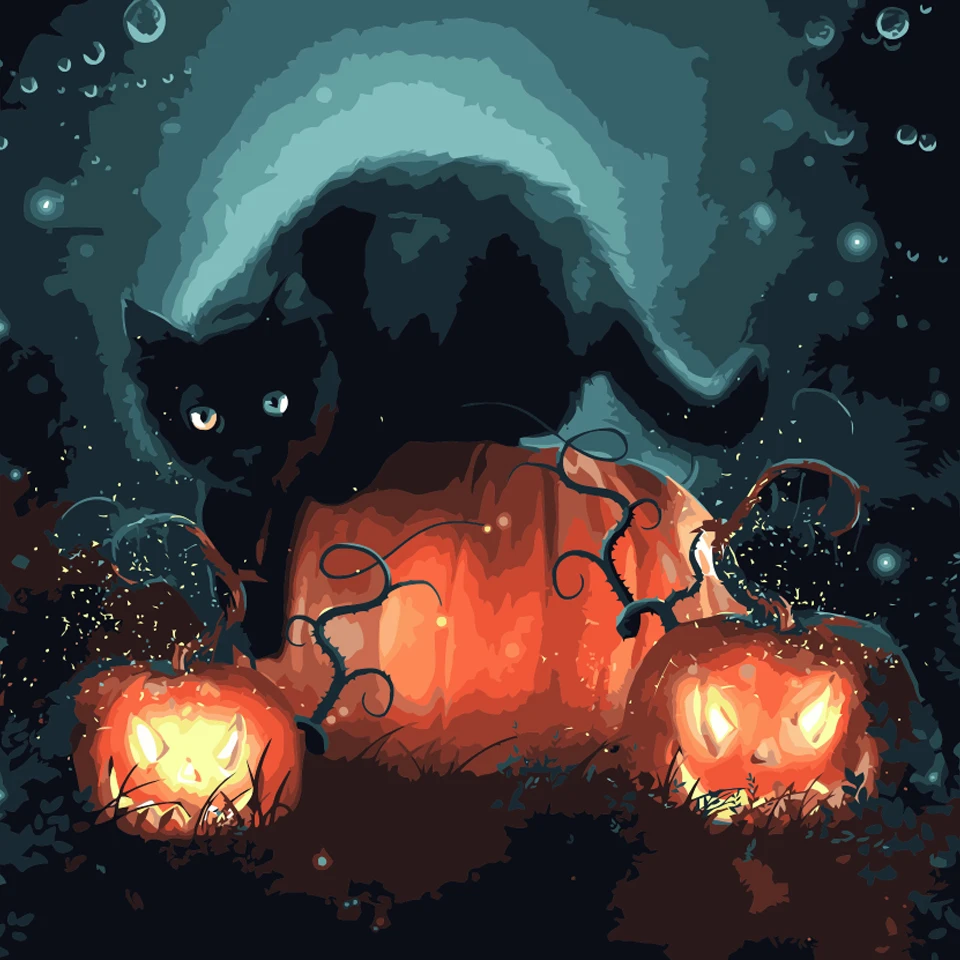 Oil Painting By Numbers Halloween Gift Cat Pumpkin For Adults Kids DIY Color Art Picture Kit On Canvas Draw Acrylic Paint Crafts | Дом и сад