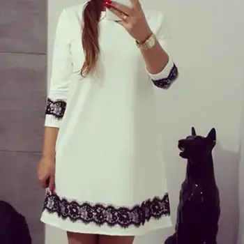 

Casual Women Solid Color O Neck 3/4 Sleeve Stitching Lacework Loose Mini Dress