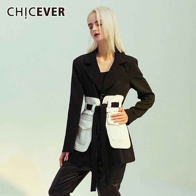 CHICEVER Лоскутные популярные цветные куртки для женщин с зубчатым воротником и длинным рукавом с высокой талией на шнуровке пальто Женская мода одежда