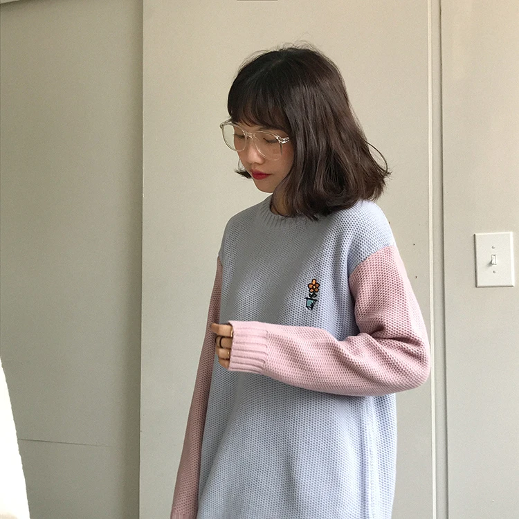 Женский вязаный свитер Harajuku, Новая небольшая вышивка, пуловер в стиле пэчворк, джемпер, Осень-зима, повседневные женские свитера