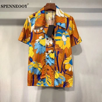 

SPENNEOOY Designer Runway Female Summer Multicolor Print Streetwear Cotton Shirt Women Double Breasted Short Sleeve Blouse Tops
