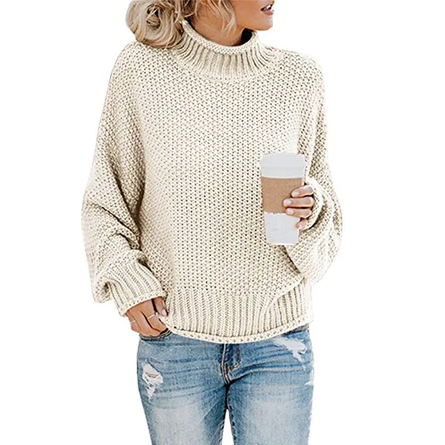 Women's Knitting Unlined Upper Garment Turtleneck Sweater High Lead Sleeve Head Pullover Loose Jumper Ladies Long Sleeve Tops 10