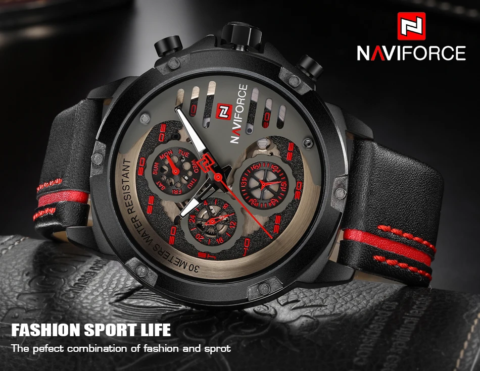 NAVIFORCE, Брендовые мужские часы, Роскошные, красные, спортивные, водонепроницаемые, военные, наручные часы, кожа, кварцевые, мужские часы, Relogio Masculino 9110