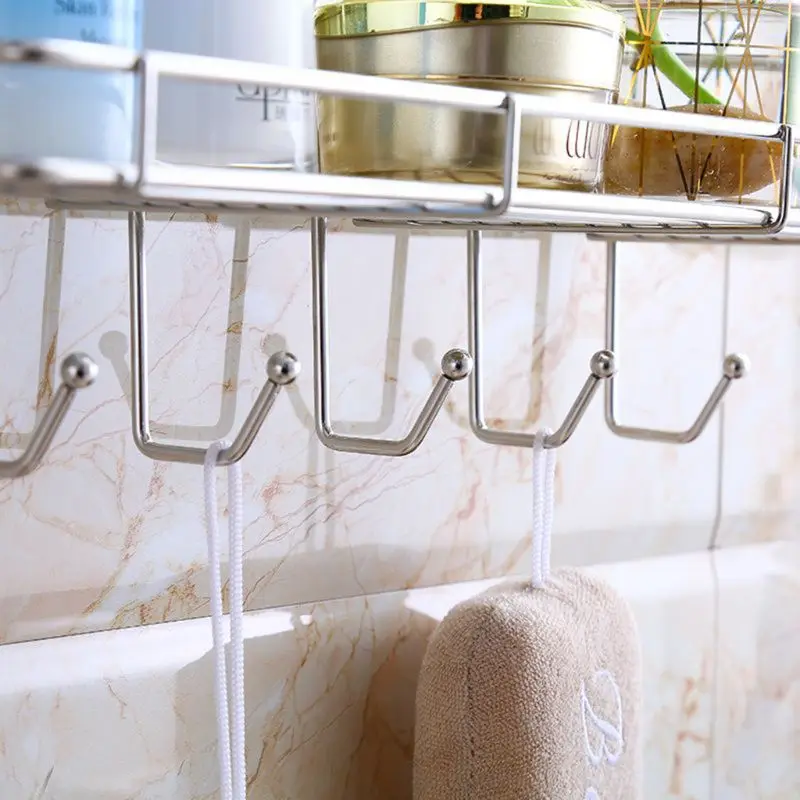 Stainless Steel Adhesive Bathroom Shelf Organizer Shower Storage Basket Holder Home Storage Rack
