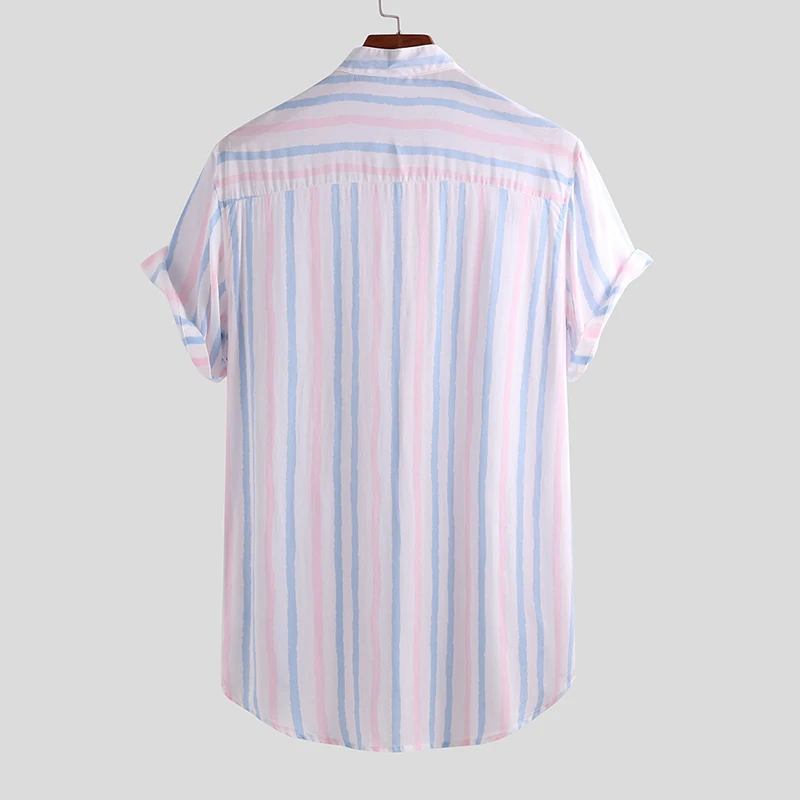 Дышащая свободная Мужская гавайская рубашка полосатый воротник-стойка Camisa модные уличные Топы пляжная Повседневная рубашка с коротким