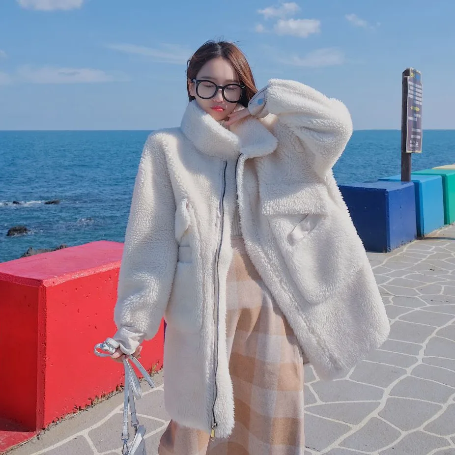 

Photo Shoot CHIC Soft Girl Lamb Fur Off-white Stand Collar Mid-length Side Edge Bandage Cloth Woolen Jacket Women's Winter