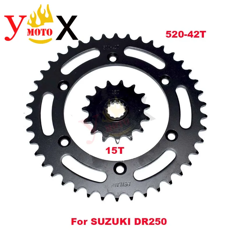 

DR 250 Off Road Dirt Bike Mortorcycle Front & Rear Set 520-42T 15T Chain Sprocket Gear Steel For SUZUKI DJEBEL250 DR250