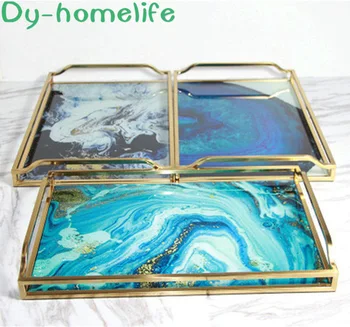 

Nordic Metal Frame Agate Stone Pattern Rectangular Glass Tray Home Decoration Storage Supplies Dessert Coffee Set Storage Tray