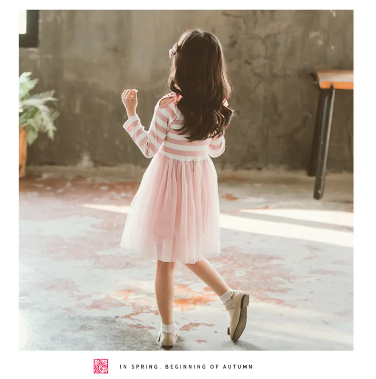2020 Big Girls Casual Cotton Dress Little Kids Stripe Long Sleeve Mesh Dress Children School Clothes for 5 6 7 8 9 10 11 12 year (16)