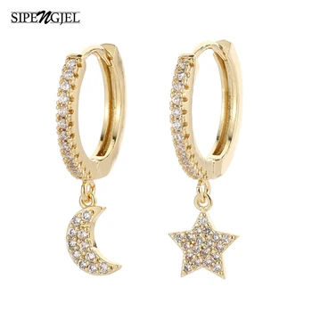 Buy OnlineSIPENGJEL Fashion Inlaid Zircon Dainty Star And Moon Hoop Earrings Simple pendant Earrings For Women Jewelry 2021.