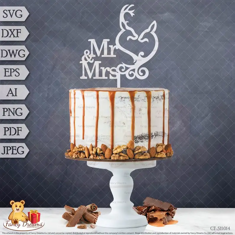 Mr& Mrs свадьба+ олень-Лазерная Резка шаблон торт Топпер-SVG, DXF, DWG, Eps, ai, png, pdf, Jpeg-Мгновенная загрузка