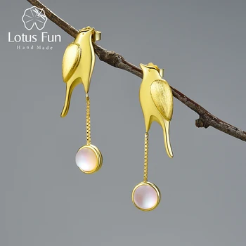 Lotus Fun 18K Gold Moon and Bird Tassel Dangle Earrings For Women 925 Sterling Silver Artificial Moonstone Jewelry 2021 Trend