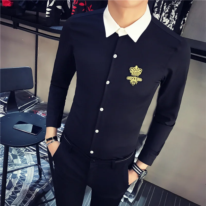 2020 Men Shirt Stitching Crown Print Long Sleeve Casual Slim Fit Dress Shirt Fashion Streetwear Tuxedo Clothing Chemise Homme 2020 Men Shirt Stitching Crown Print Long Sleeve Casual Slim Fit Dress Shirt Fashion Streetwear Tuxedo Clothing Chemise Homme