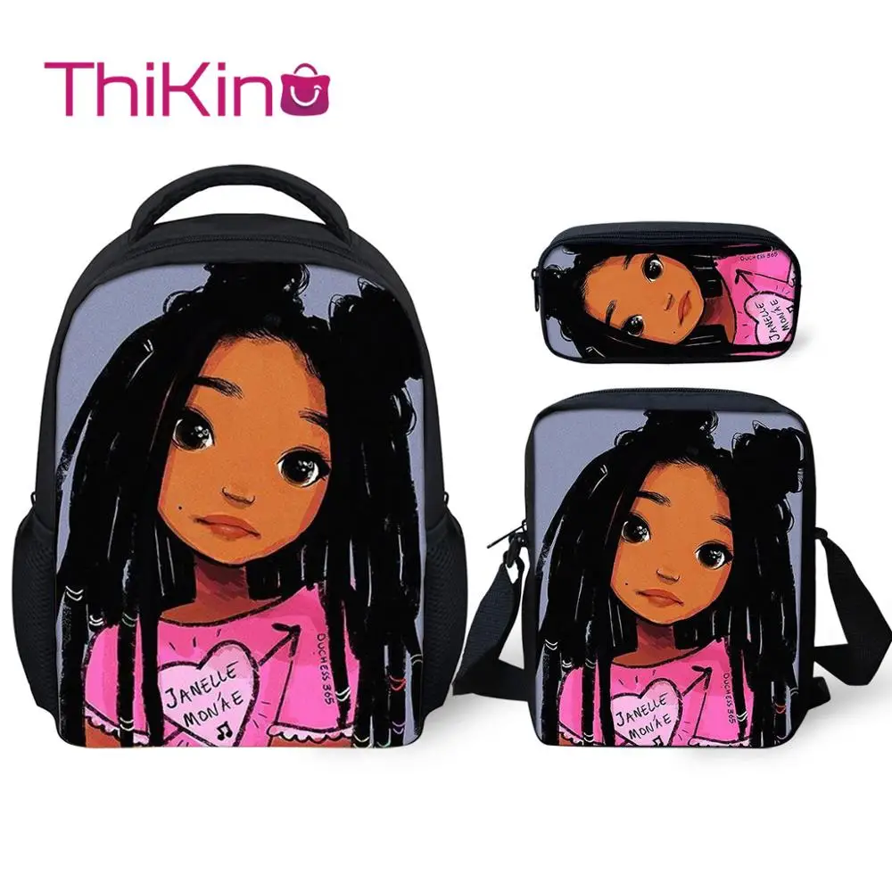 Thikin черный афро прекрасный ребенок девочки школьные рюкзаки для девочек 3 шт./компл. студентов Дошкольный рюкзак Bookbag с ланч коробки ранец