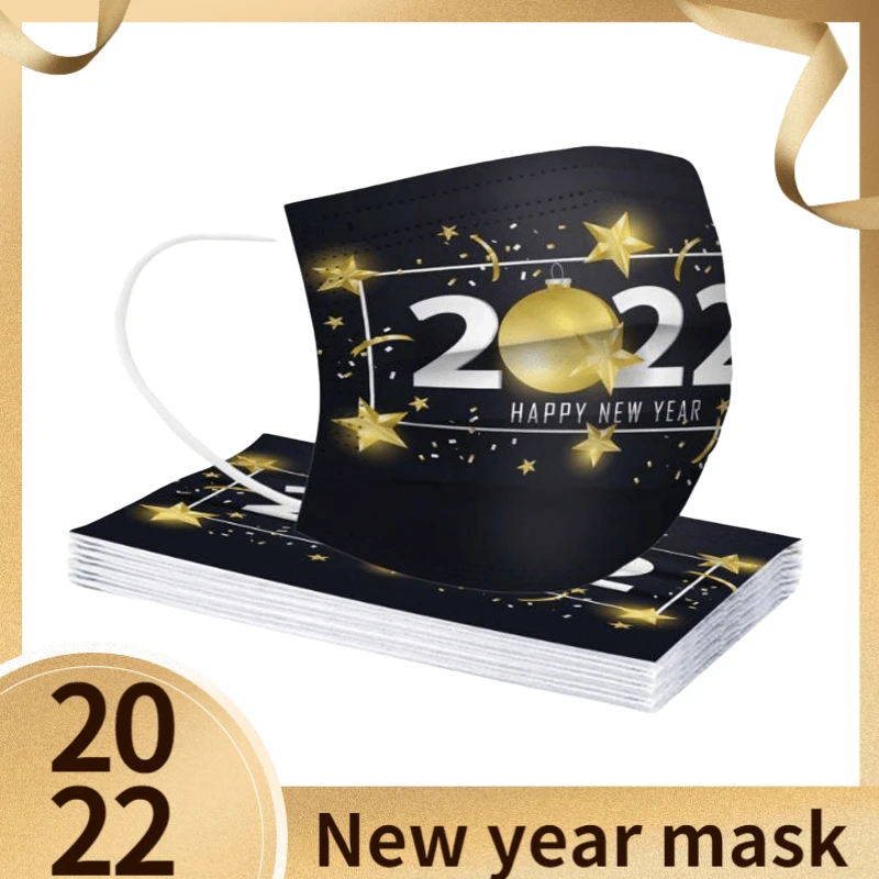 Black Gold 2022 Happy New Year Mask 10pcs Adults Christmas Disposable 3layer Facemask Mascarillas Quirurgicas Homologadas | Красота и