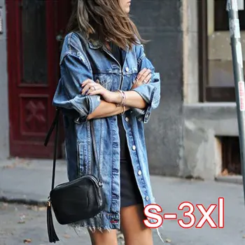 

Fashion Loose Solid Hole Washed Denim Jeans Jacket Women Chaqueta Mujer Streetwear Autumn Long Coat Female Denim Jackets