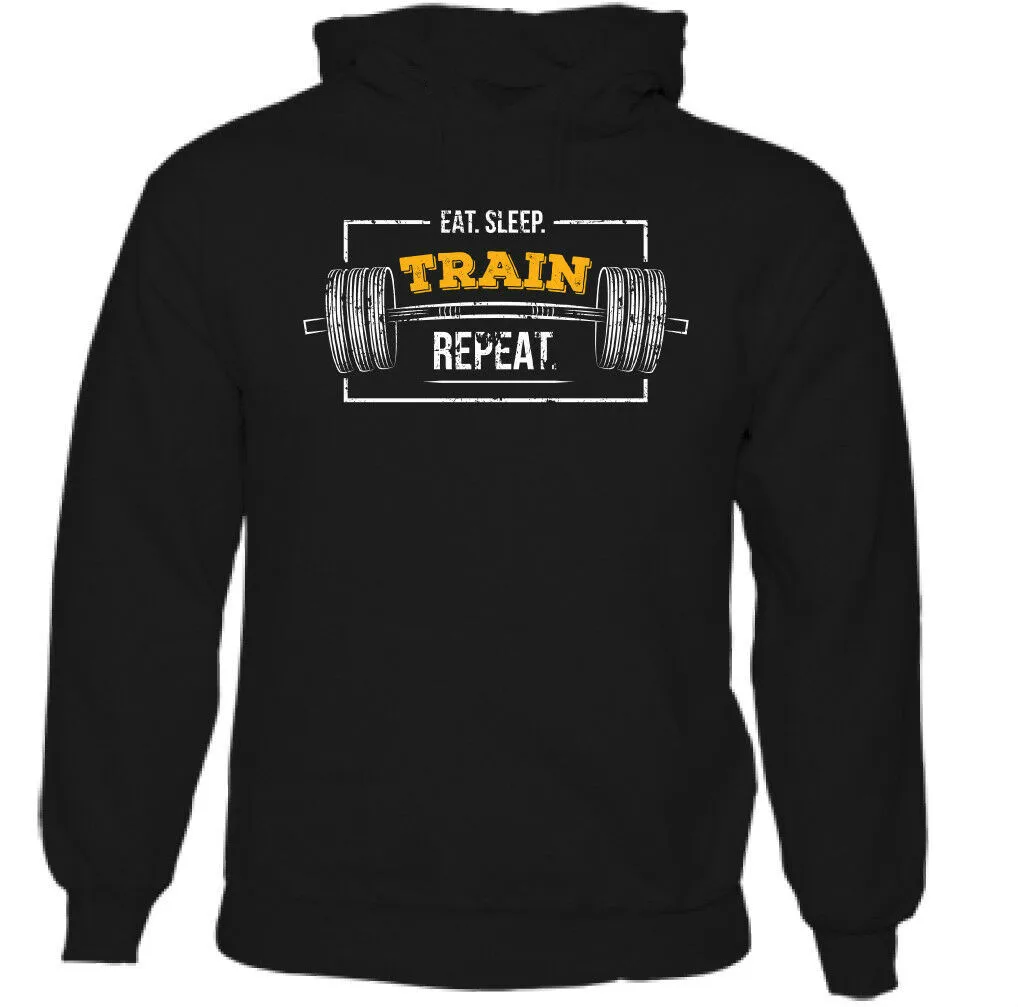 Eat Sleep Train Repeat Mens Funny Gym Hoodie Training Top Bodybuilding MMA | Мужская одежда