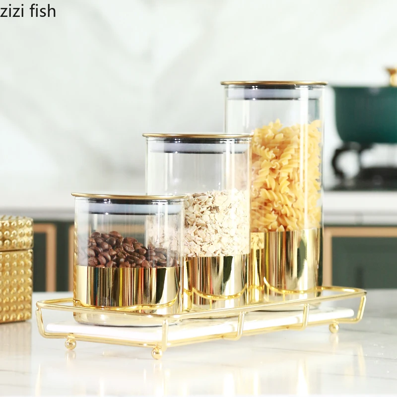 Gilded Glass Storage Jars Decorative Candy Pot Sealed Storage Jar with Lid Spice Grains Pots High Capacity Kitchen Organizer Box 4