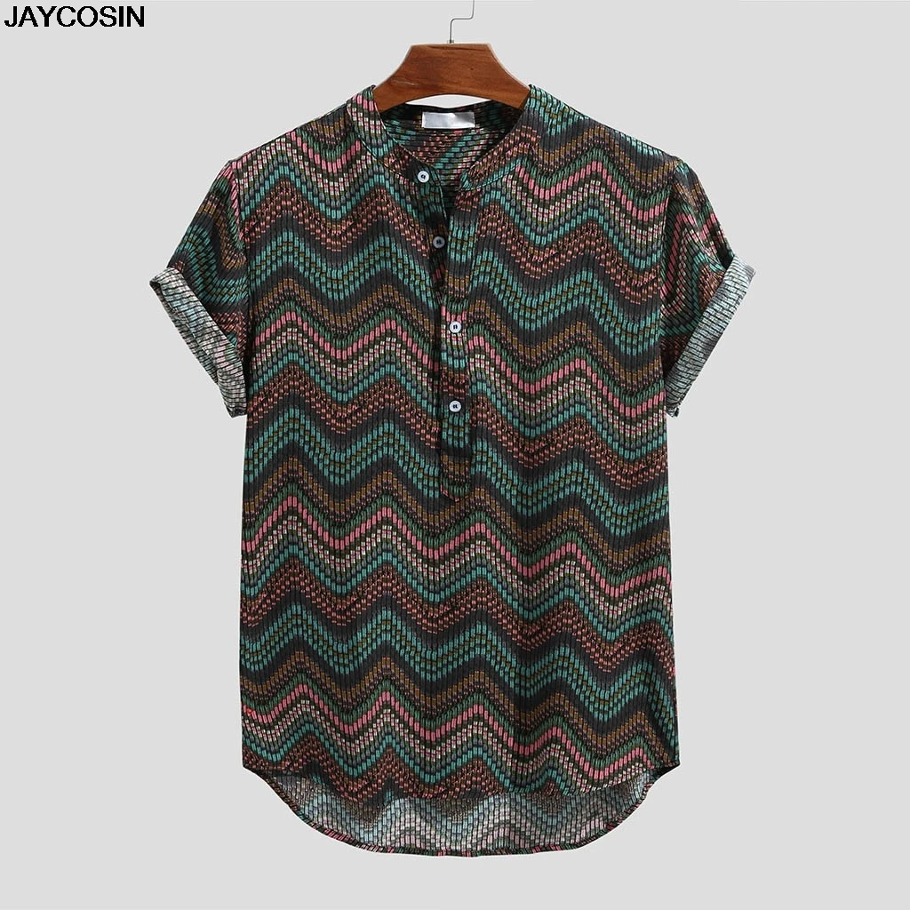 KLV Стильная мужская рубашка Hauts pour hommes из чистого хлопка с разноцветным принтом, свободная короткая рубашка с отложным воротником, Ropa de hombre camisa 9815