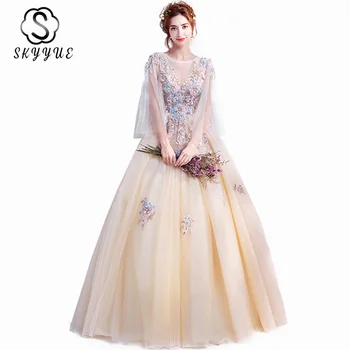 

Yellow Evening Gowns For Women Skyyue ER419 Three Quarter Sleeve Long Evening Dresses Appliques Lace Long Robe De Soiree