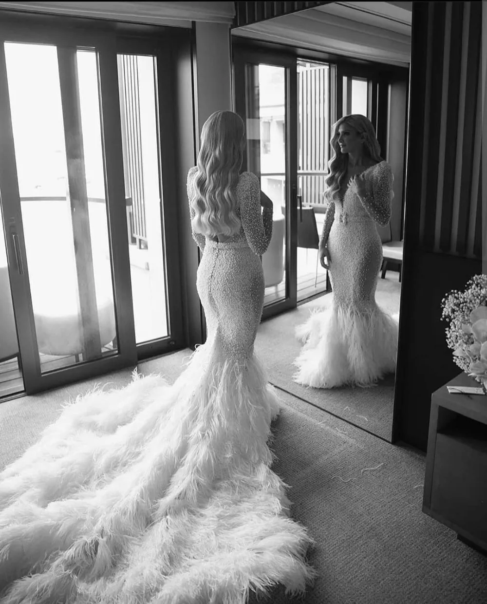 Luxury Full Pearl Mermaid Wedding Dresses With Long Feather Train ...