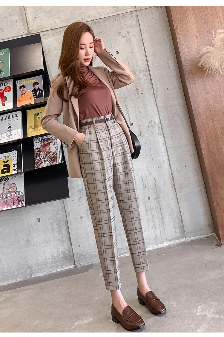 JUJULAND Stretchy Plaid Pencil Pants Women Casual Autumn Women Trousers Elastic Waist Tweed Slant Elegant 7232