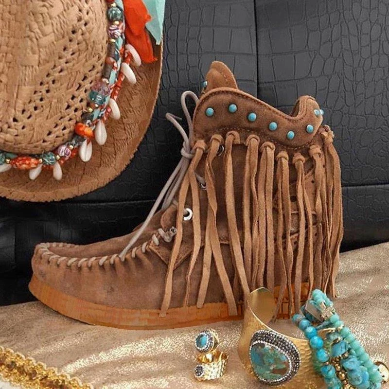 Dropshipping Women Ankle Short Boots Tassels Round Toe Buckle Strap Boots Ethnic Warm Non-slip Boots Shoe For Ladies Botas Mujer - Цвет: Color 7