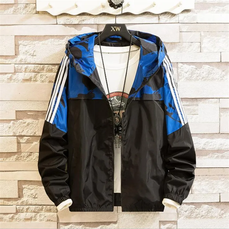 Black Blue Новые осенние мужские камуфляжные куртки мужские полосатые пальто с капюшоном камуфляжная куртка-бомбер мужская ветровка на молнии Верхняя одежда Размер M-5XL - Цвет: Black Blue