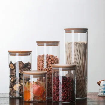 

Glass Storage Bottle with Bamboo Lid Sealed Grains Nuts Tank Can Tea Canister Coffee Beans Container Kitchen Storage Candy Jar