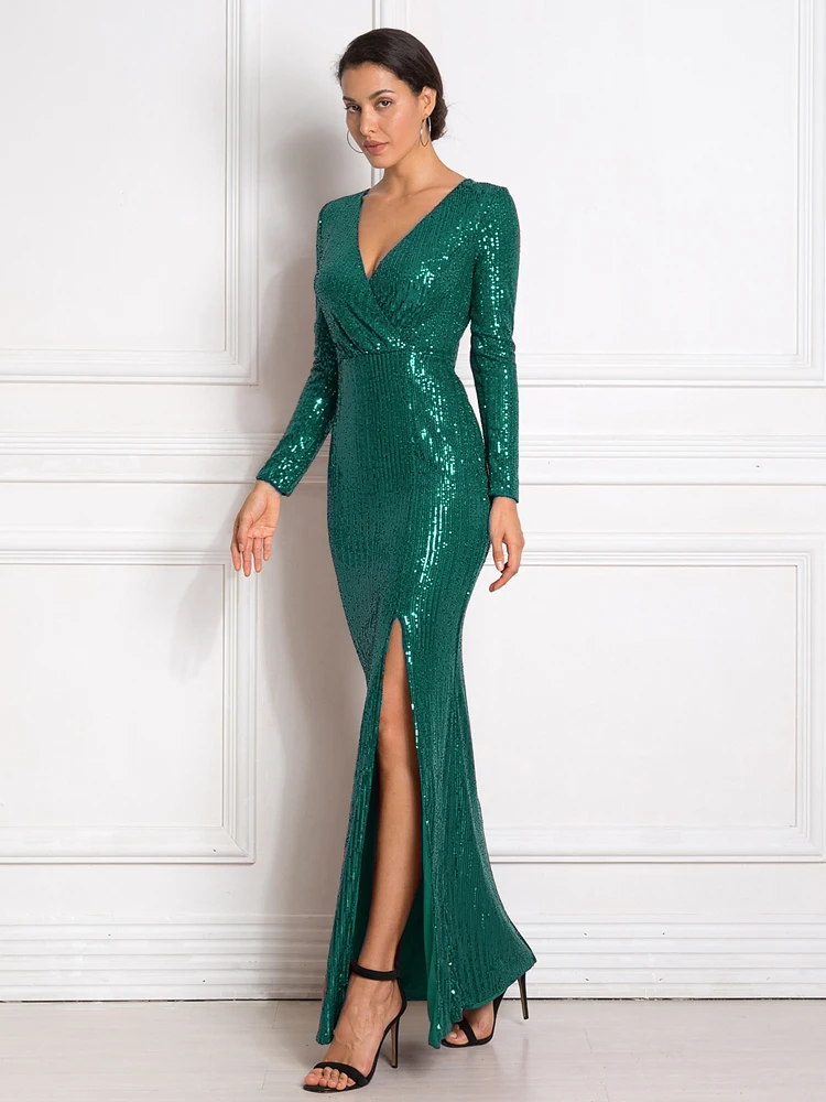Зеленый блестками длинный широкий шарф платье с длинным рукавом V шеи макси платье эластичный низкий Сплит ноги длинное вечернее платье