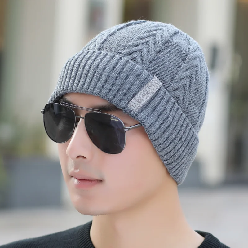 Зима шерсть Мужские вязанные шарф и шапка бини Шапки Маска Gorras Bonnet Теплые Мешковатые Зимние головные уборы для мужчин и женщин Skullies шапки - Цвет: Hat gray