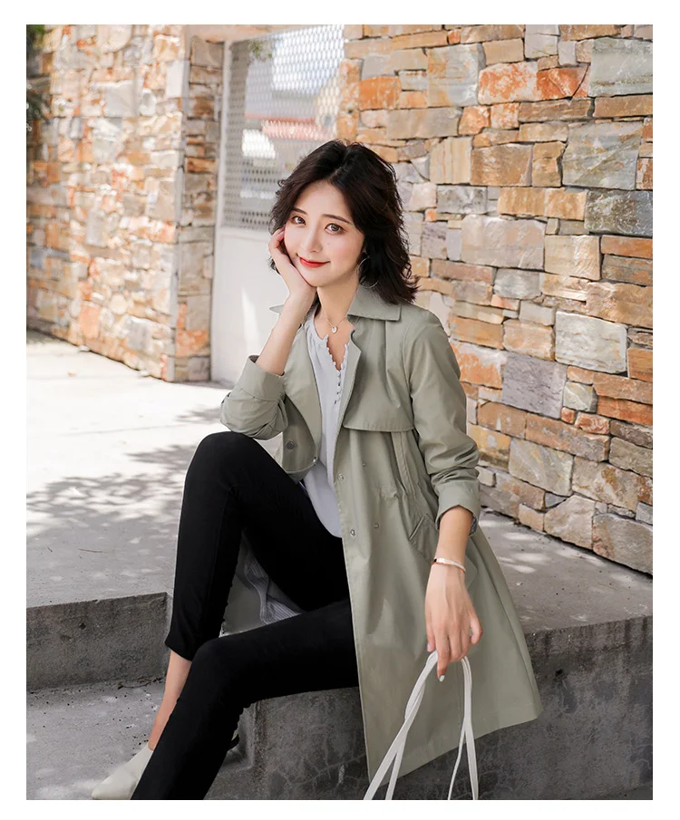 Trench Coat Spring Mid-length Pocket Long Sleeve Slimming Slim Fit Versatile Fashion Simple Cool Solid Color