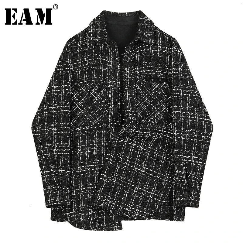 [EAM] Свободная черная клетчатая твидовая куртка, новинка, с отворотом, с длинным рукавом, Женское пальто, модное, Осень-зима, 1D557