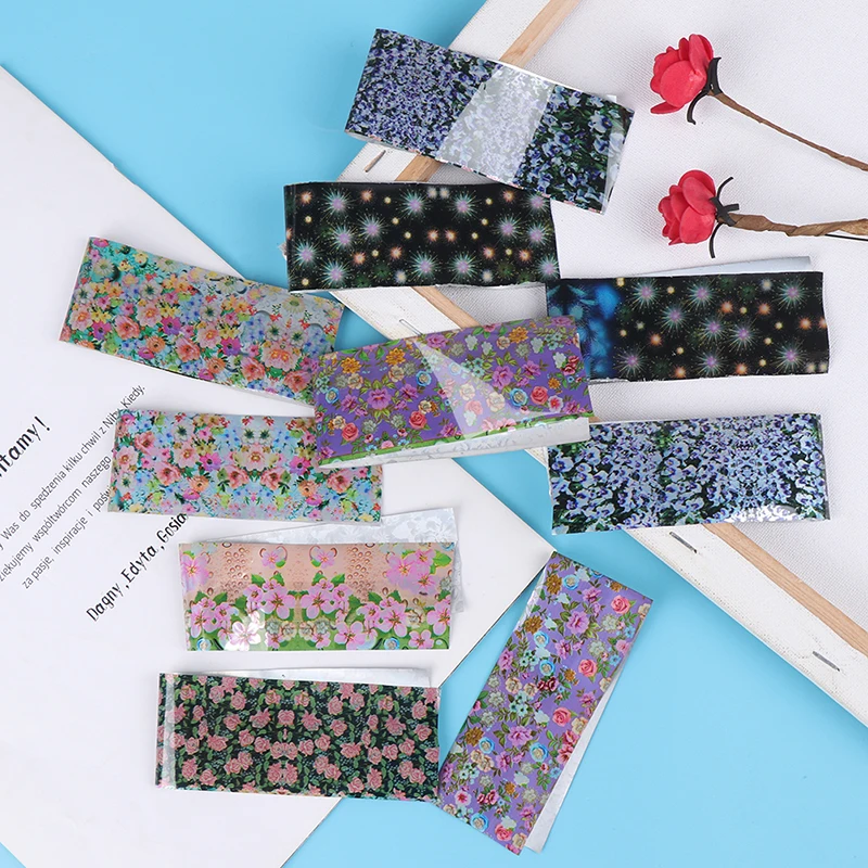 New 16pcs Holographic Starry Flower Nail Foils Paper Nail Art Transfer Sticker Decals Manicure Summer Adhesive Foils