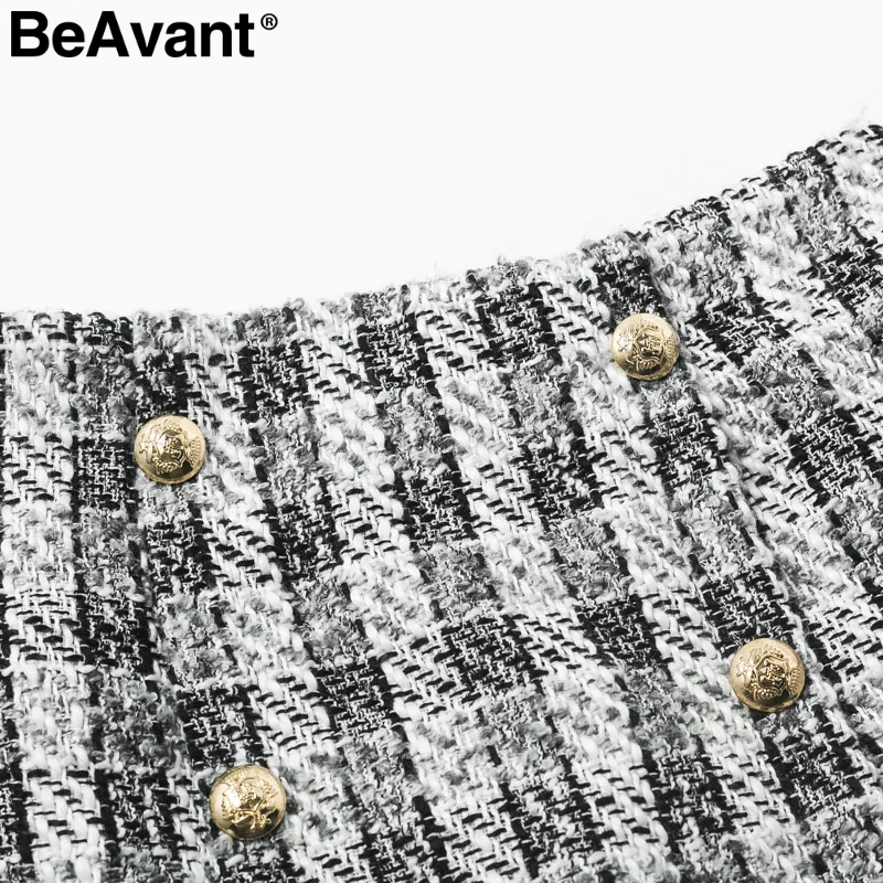 BeAvant двубортная твидовая клетчатая мини-юбка женская элегантная прямая офисная короткая юбка винтажная Осенняя зимняя женская юбка