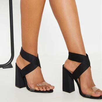 

2020 Women 11.5cm High Heels Sandals Bridal Platform Heels Stretch Block Heels Sandles Elegant Stripper Chunky Transparent Shoes