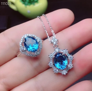 

attractive new ocean blue topaz gemstone ring necklace jewelry set exquisite silver ornament natural gem classic color girl gift