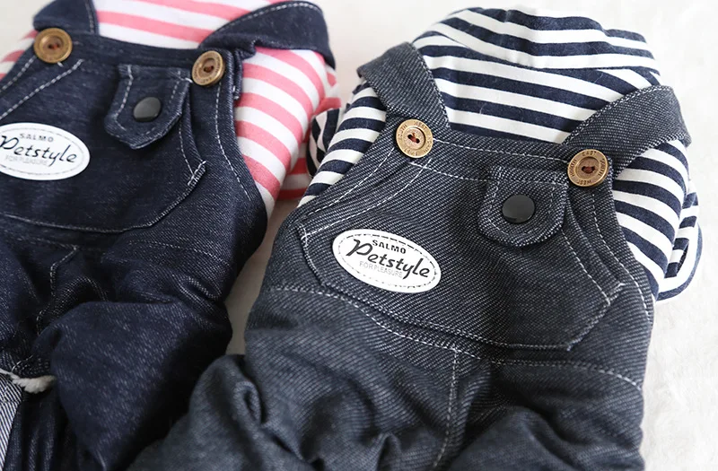 Autumn and Winter Newest Striped Design White Pink Colors Dog Clothes with Denim Trousers Four-legged Pet Dog Clothes