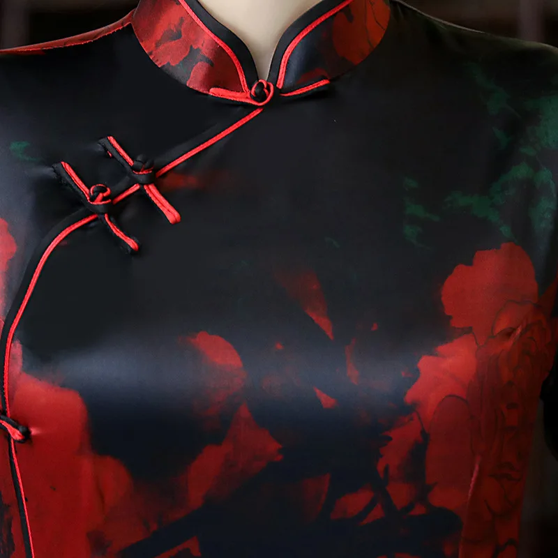 Улучшенное Летнее Длинное платье Cheongsam в стиле ретро с цветочным рисунком, облегающее шелковое платье для подиумов для девочек, облегающее платье в три четверти