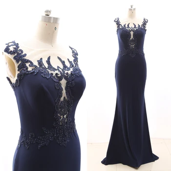 

MACloth Dark Navy Sheath O Neck Floor-Length Long Crystal Jersey Prom Dresses Dress M 268432 Clearance