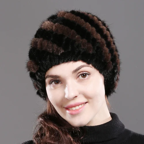 black and brown Новинка, зимние женские шапки из натурального меха норки, вязаная шапка ручной работы, шапка из натурального меха норки, хорошее эластичное качество, шапка из меха норки - Цвет: black and brown
