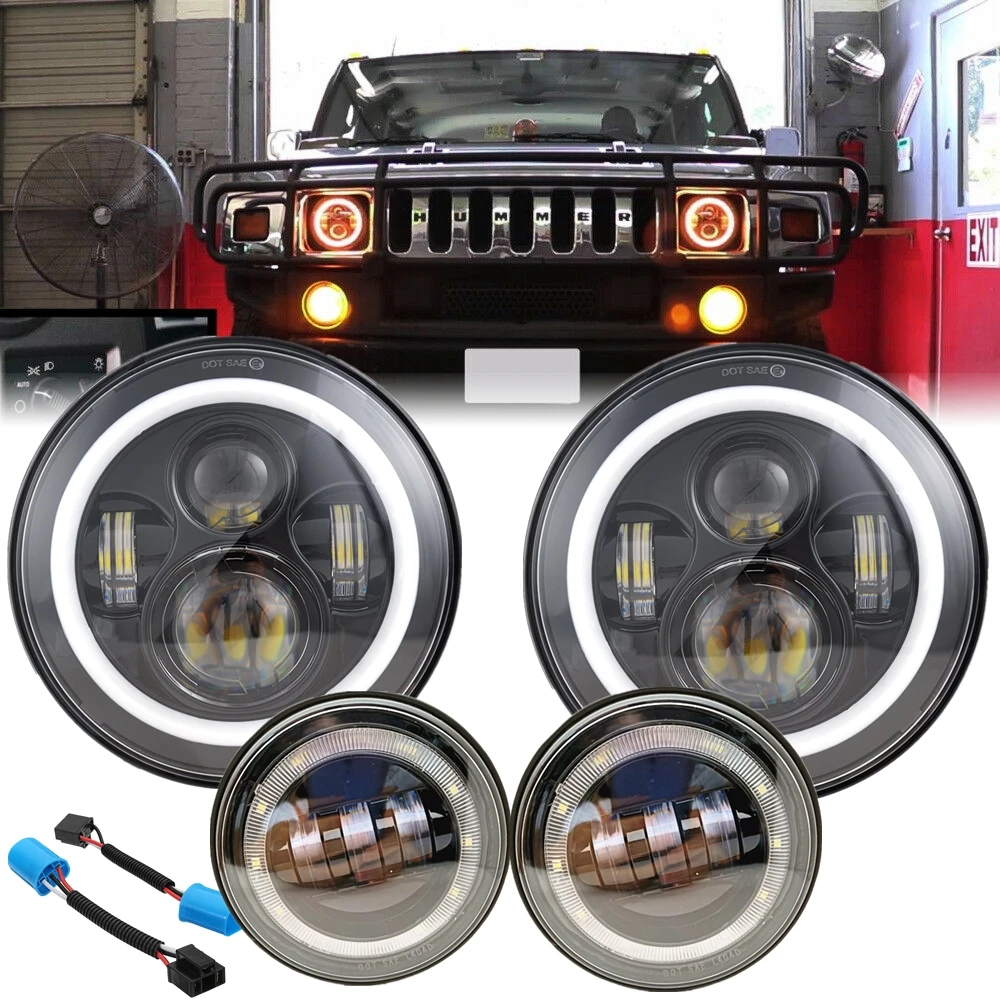 For 2003-2009 Hummer H2 Round 7inch Led Healight With DRL White Halo Ring Fog Lights Refit Car Accessories
