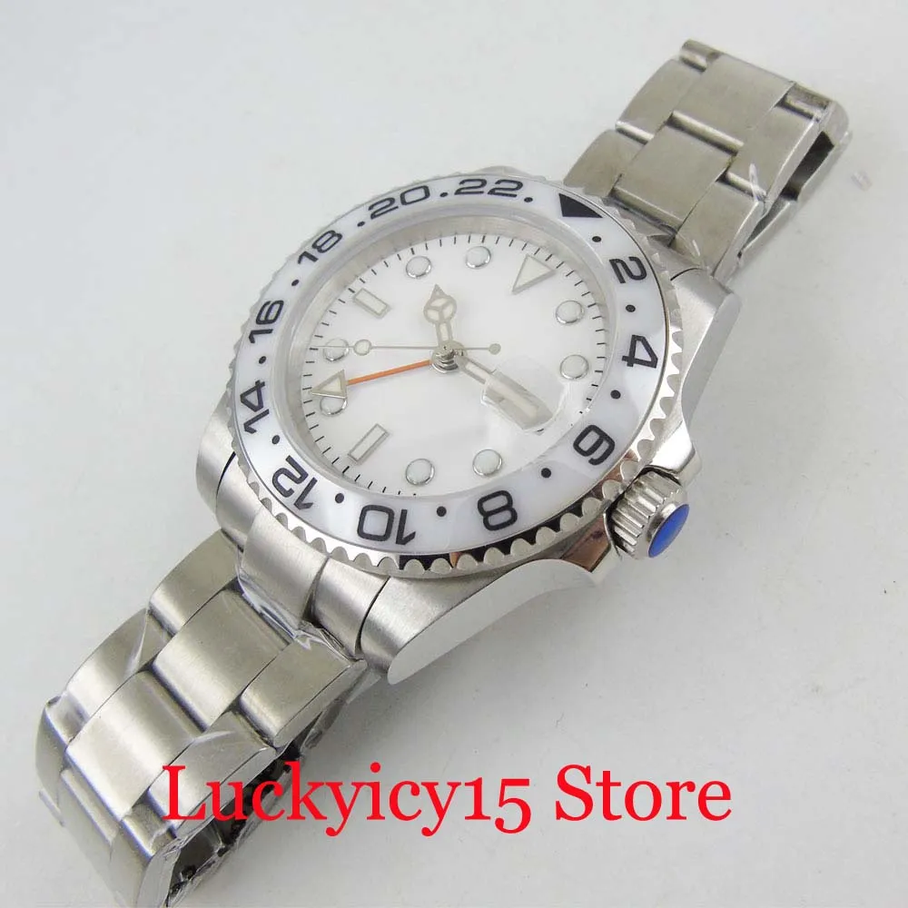  BLIGER 40mm White Sterile Dial Self Winding Men Watch GMT Function Date Window Ceramic Bezel Auto M