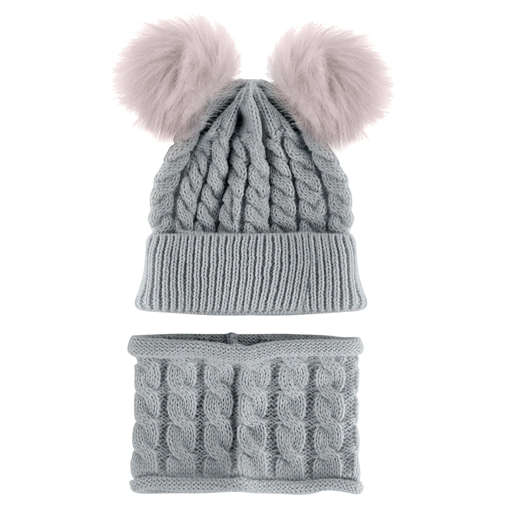 Baby Boys Girls Beanie Cotton Ball Warm Hat Cap Set Children's Wool Hat Imitation Braid Hair Double Ball Hat Scarf Suit Knit Hat