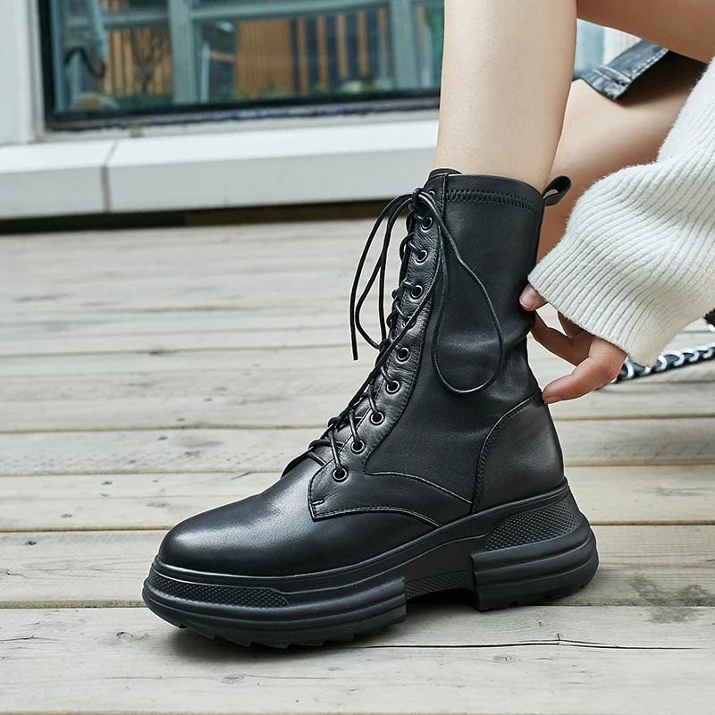 Women's genuine leather lace-up platform flats Motorcycle boots high quality autumn waarm plush mid-calf boots shoes for women